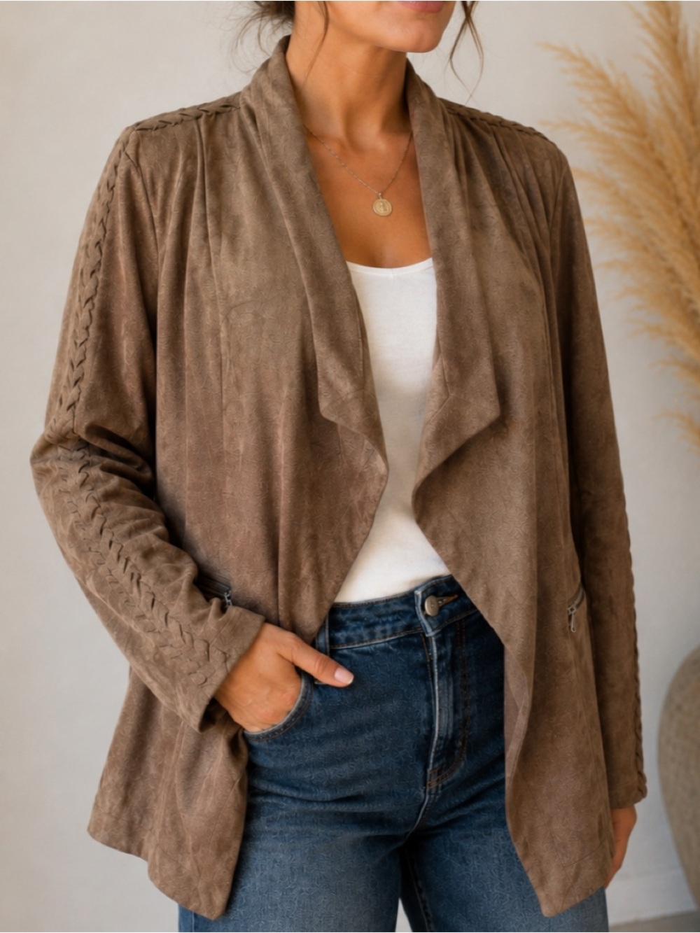 Cupcakes and Cashmere Doris Faux Suede Western Style Jacket Brown Churro Small